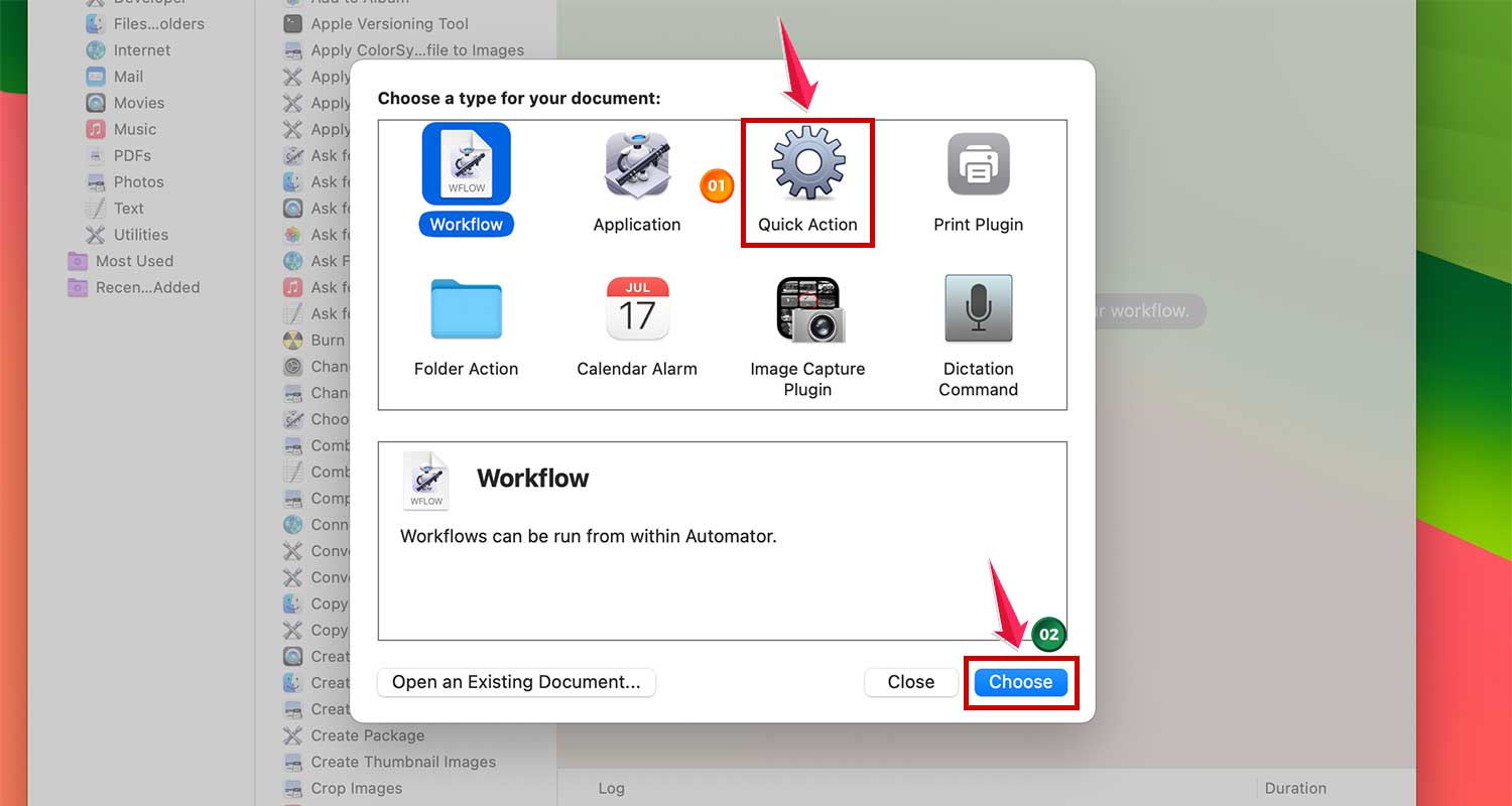tap quick action and then choose in automator mac xl