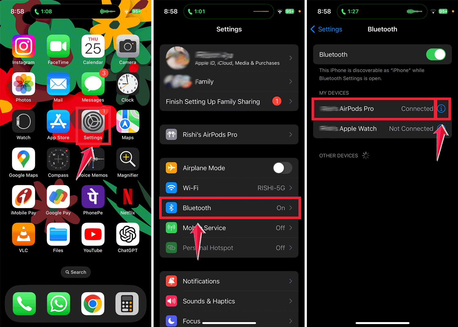 tap settings then click on the bluetooth and tap on i button