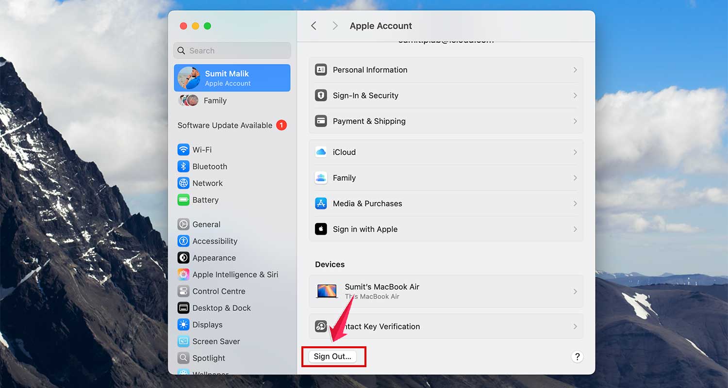 tap sign out in settings in macc