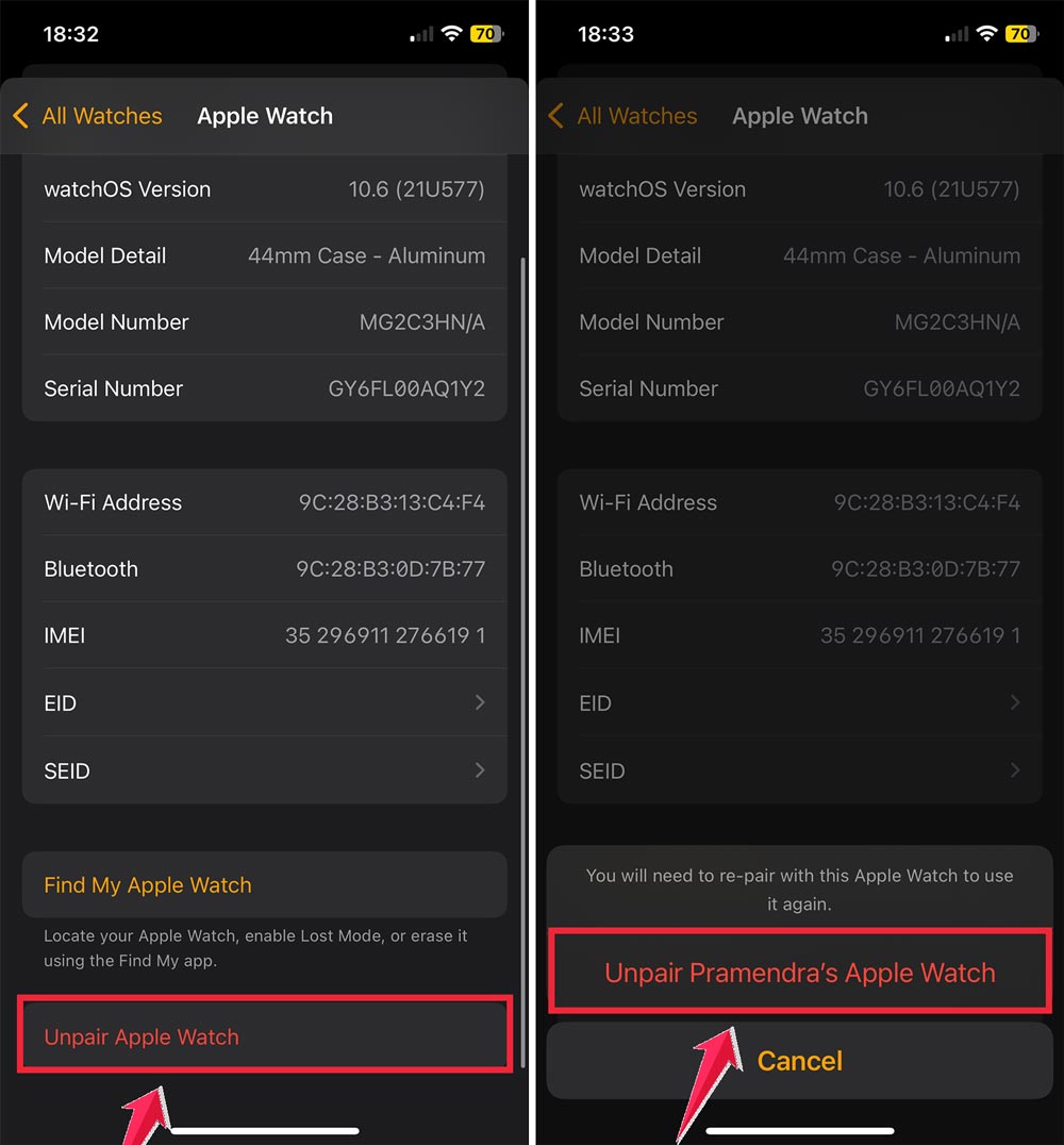 tap unpair apple watch then confirm unpair apple watch