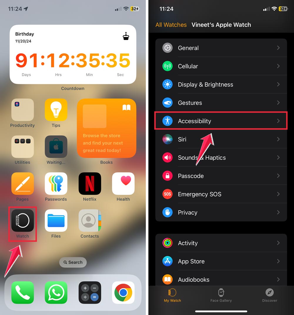 tap watch apps then click on accessibility