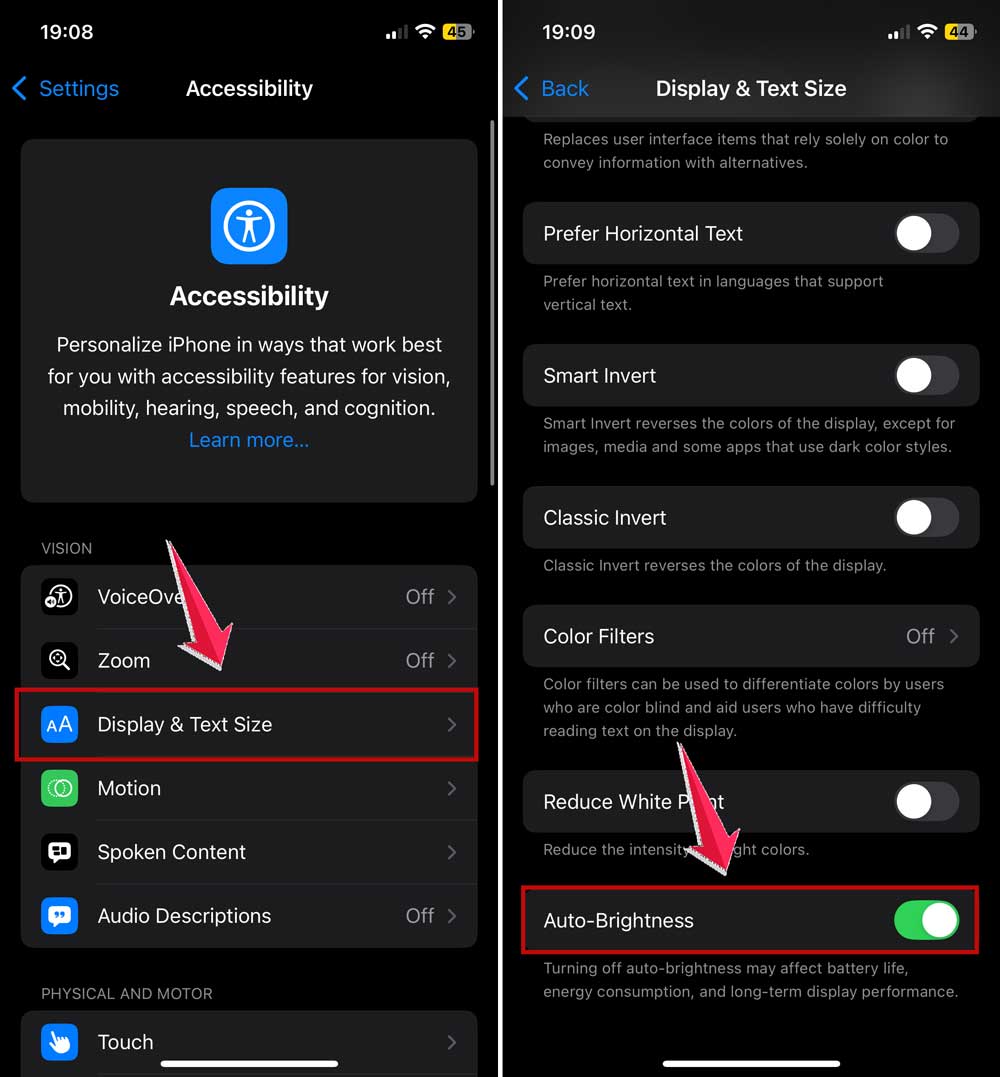 turn off auto brightness in iphone settings