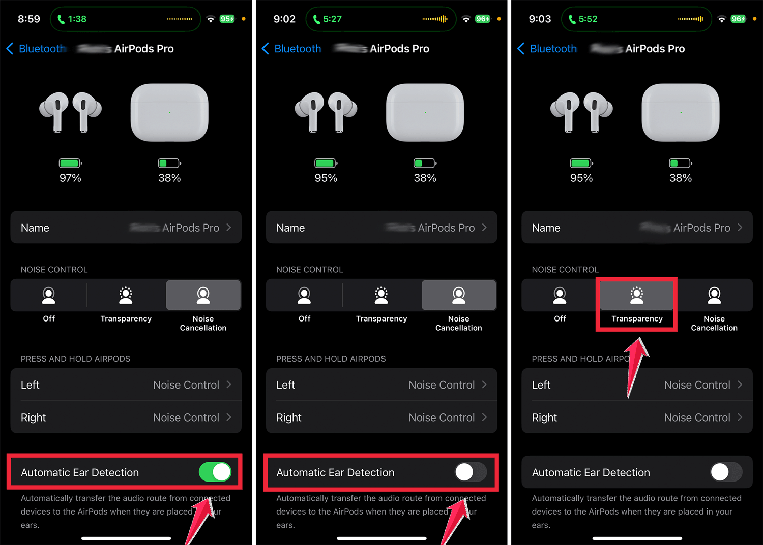 turn off automatic ear detection then switch transparency