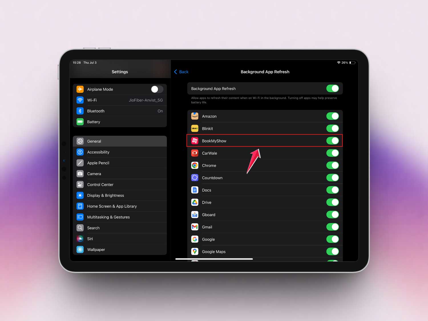 turn off background app refresh for any app in setting in ipad