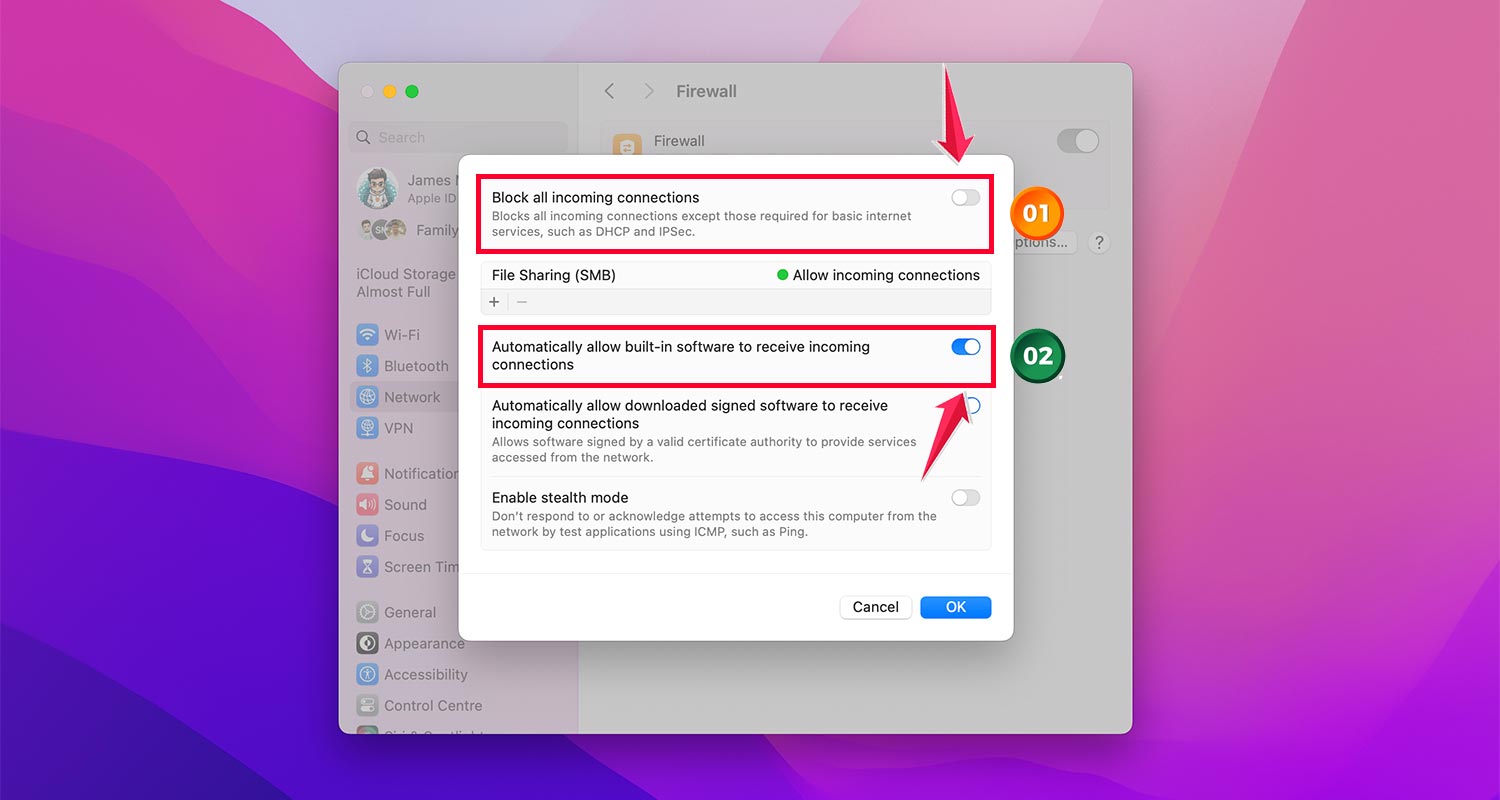 turn off block all incoming connections then turn on automatically allow built in software to recieve incoming connections