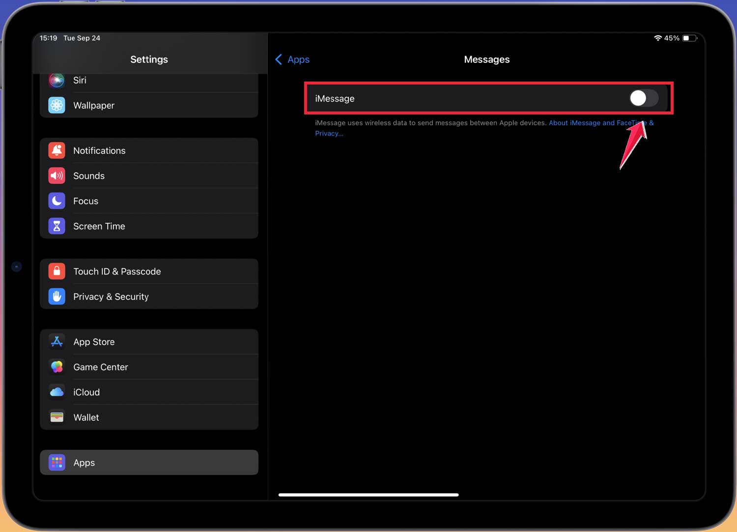 turn off i message i pad turn off i message i pad