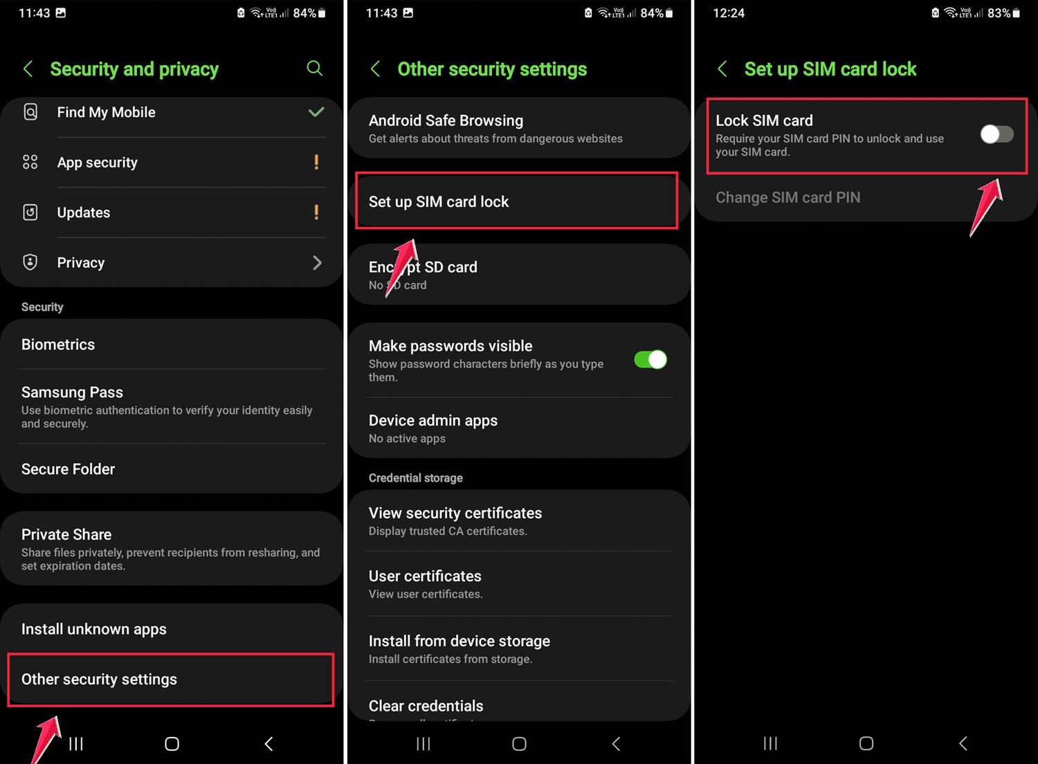 turn off lock sim card android