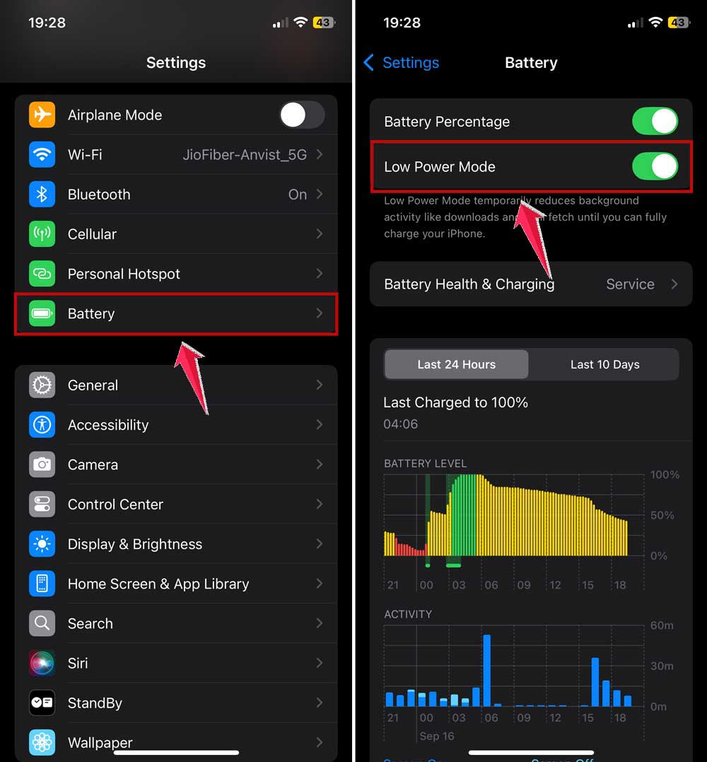 turn off low power mode in battery settings in iphone new