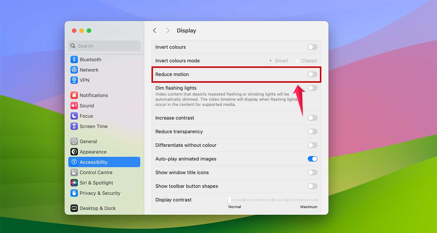 turn off reduce motion in display settings in mac xl