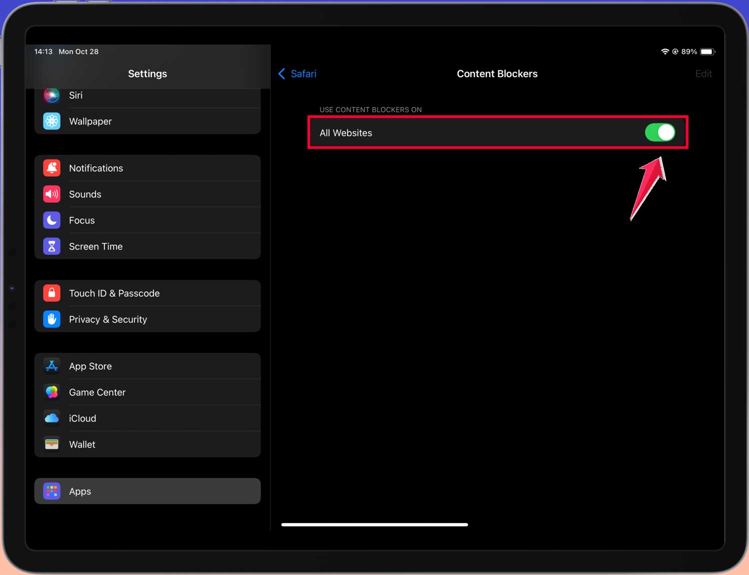 turn on all websites use content blockers on ipad