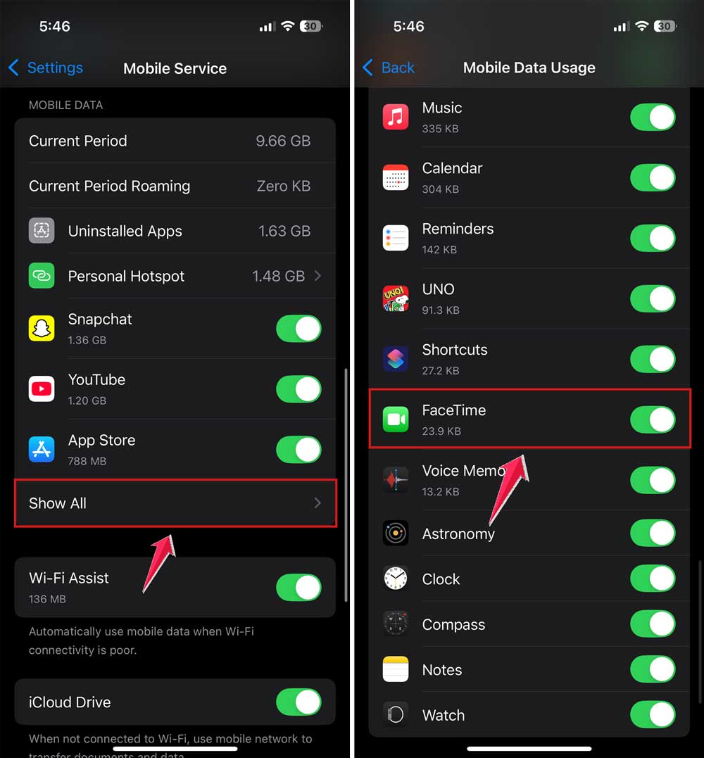 turn on facetime in cellular settings in iphone
