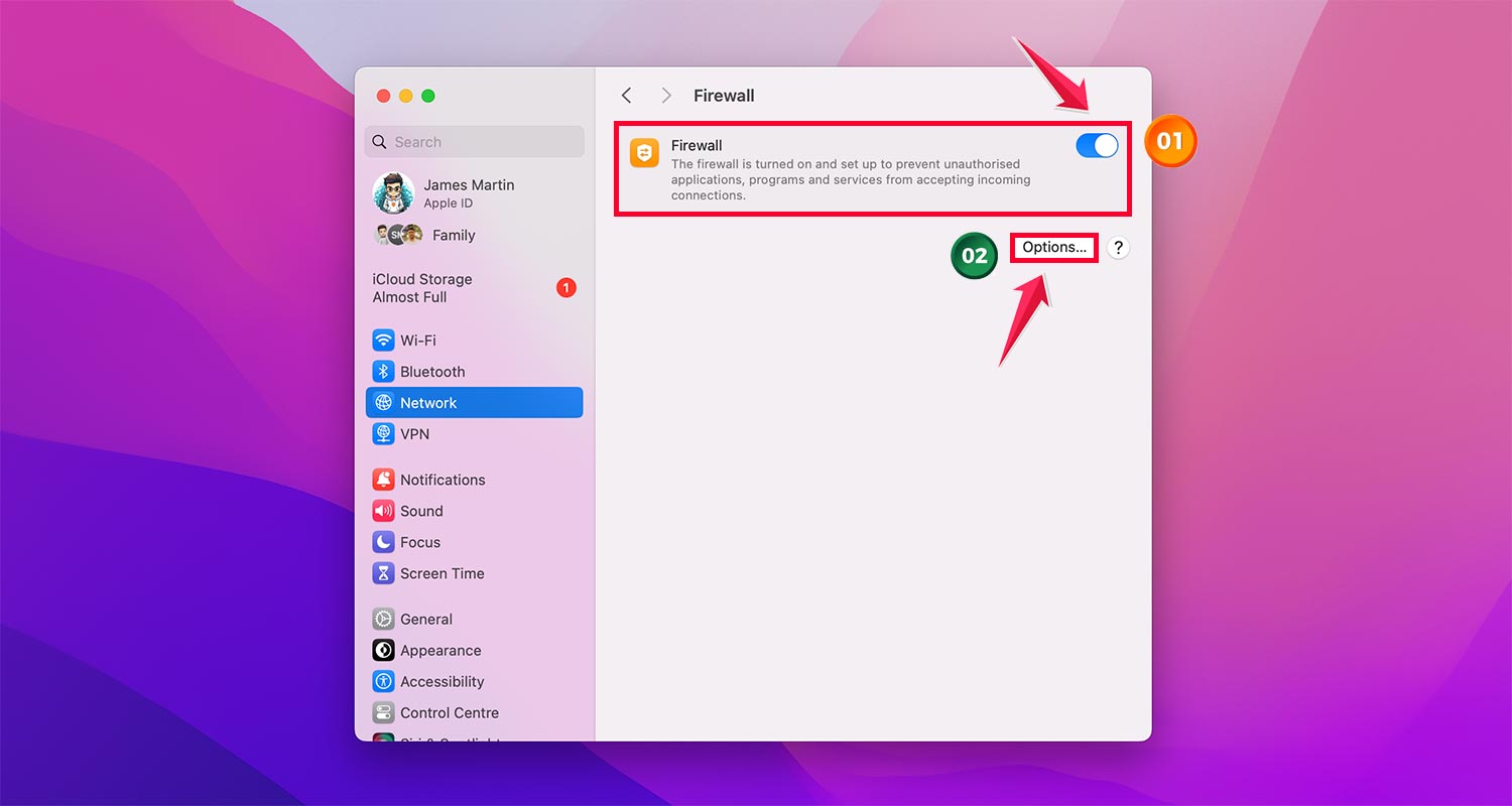turn on firewall then click on the options