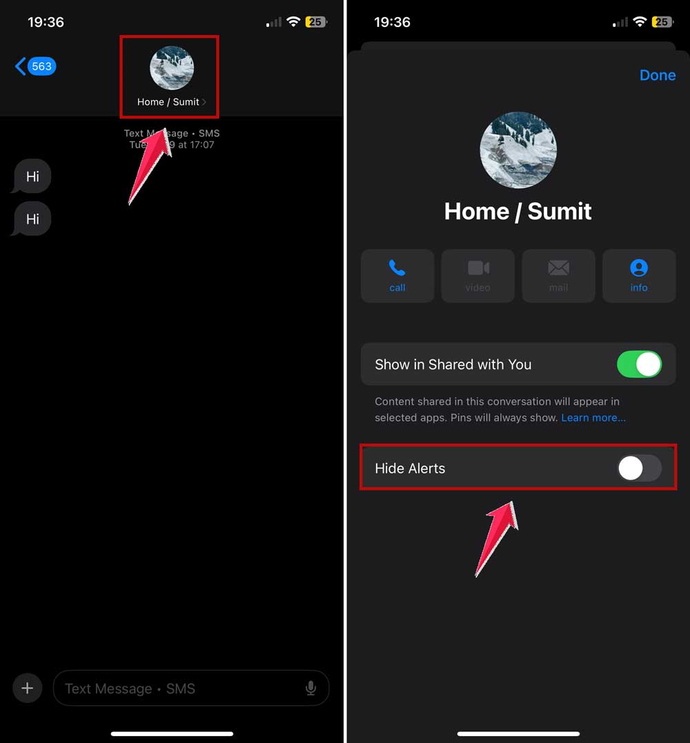 turn on hide alerts in imessage app in iphone