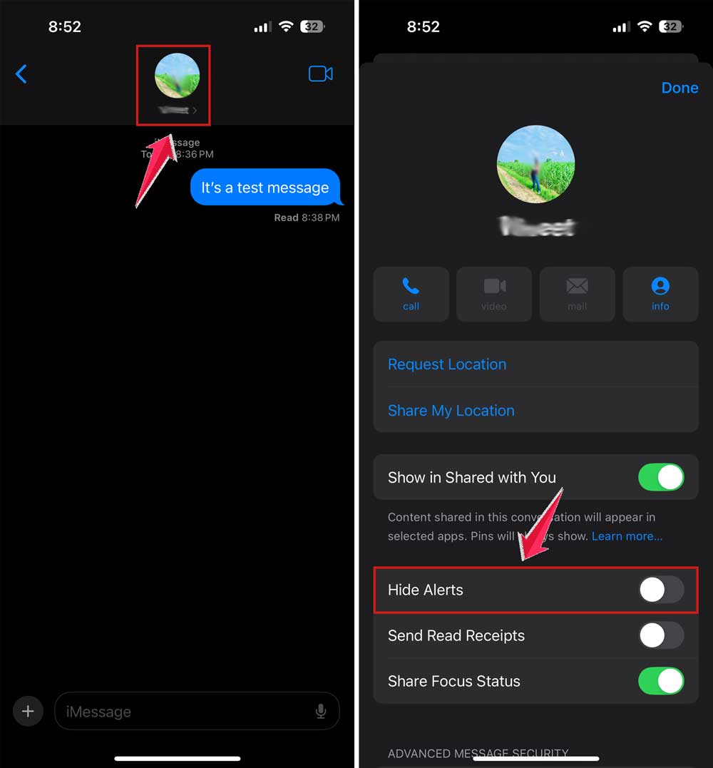 turn on hide alerts in messages app in iphone
