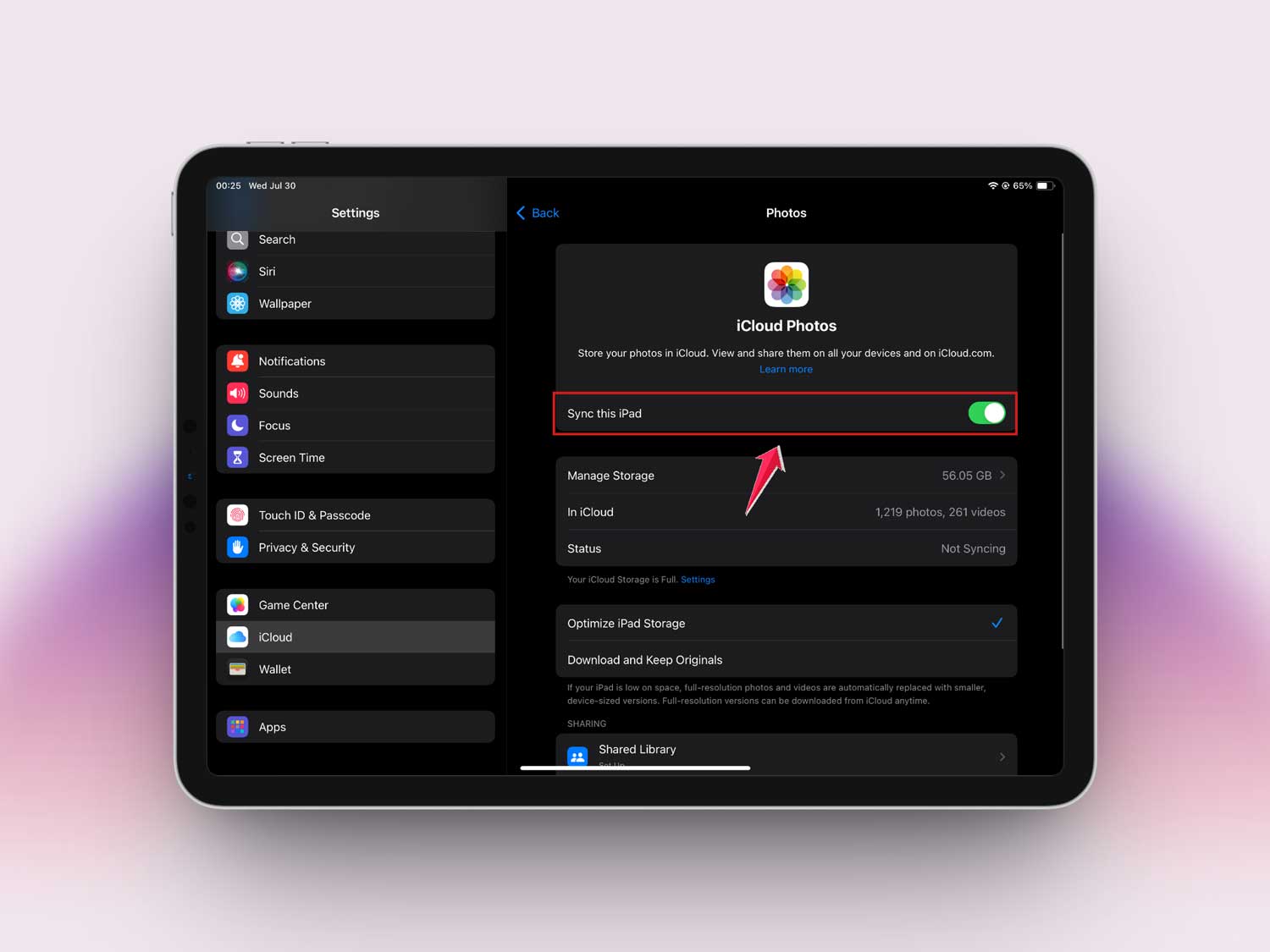 turn on icloud photos in settings in ipad