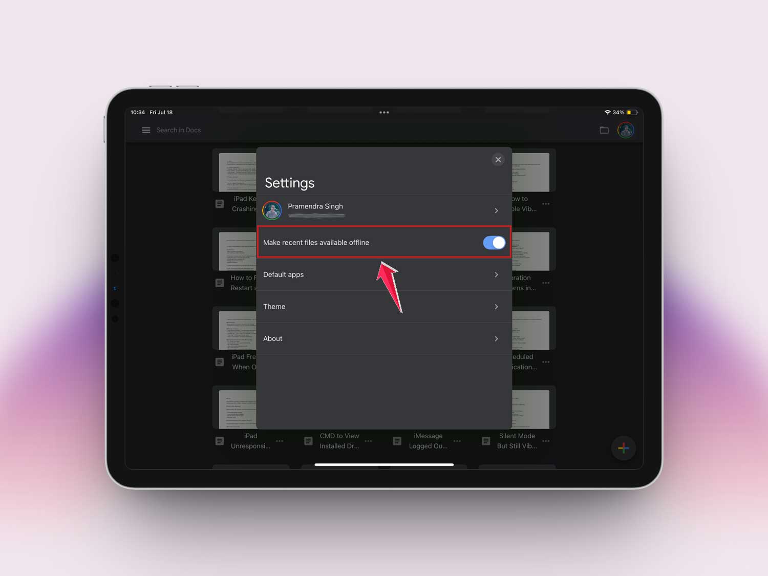 turn on offline in settings in google docs app in ipad