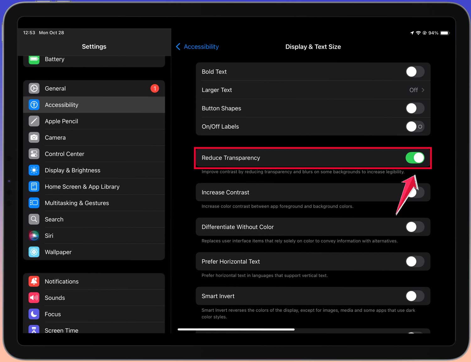 turn on reduce transparency ipad