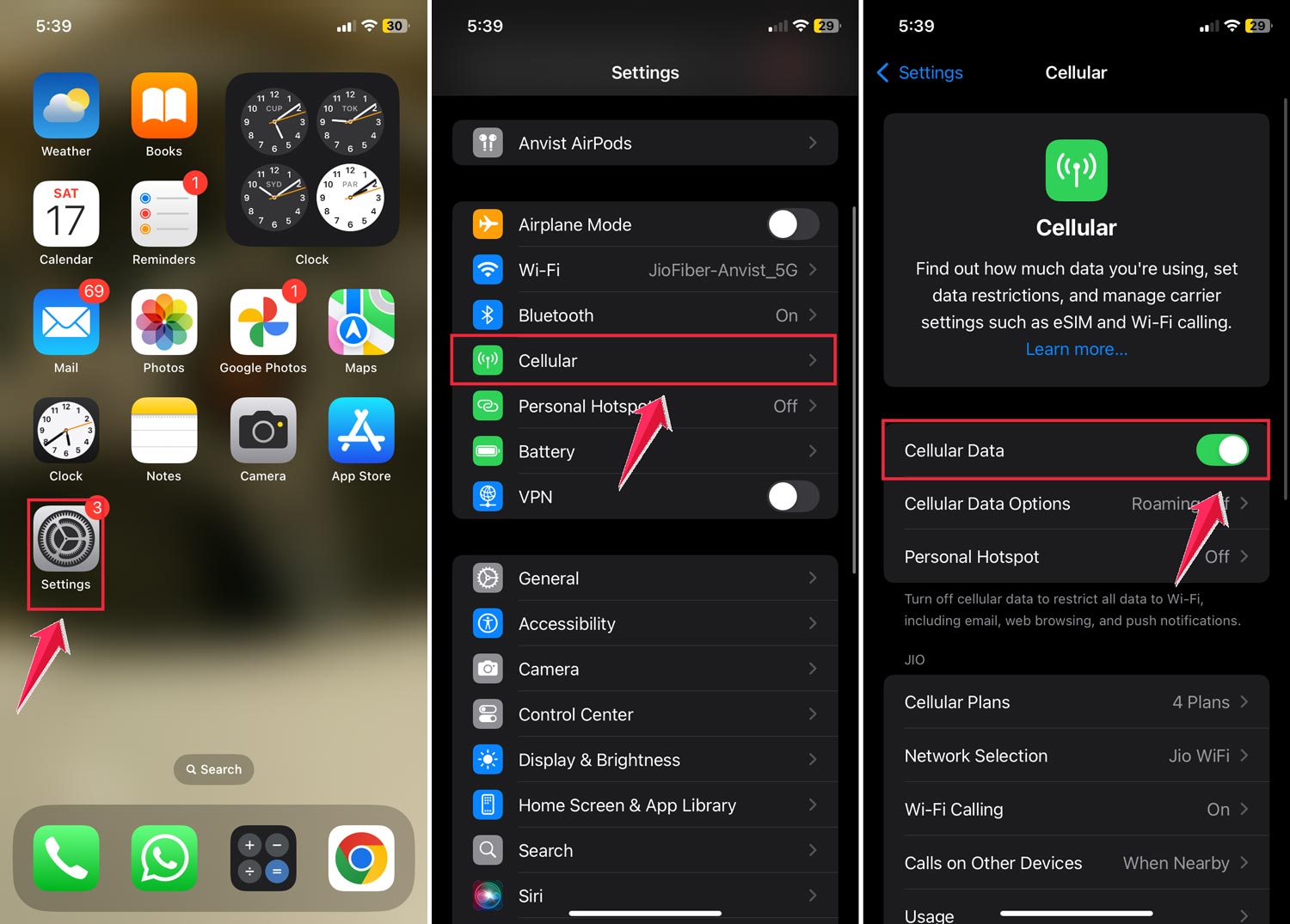 turn on the cellular data iphone settings