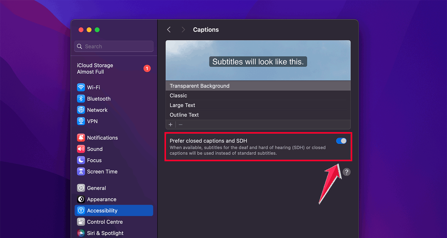 turn on the prefer closed captions and SDH mac