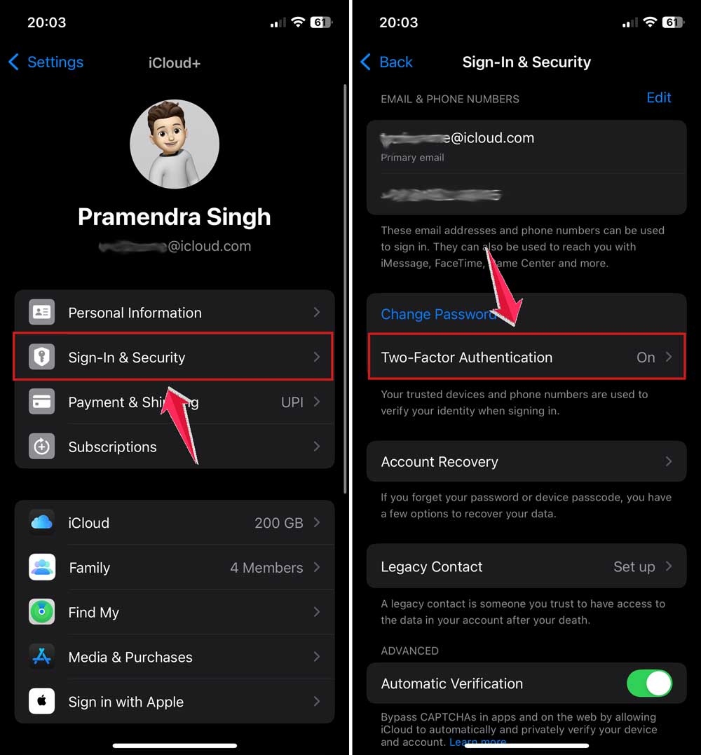 turn on two factor authentication in settings in iphone