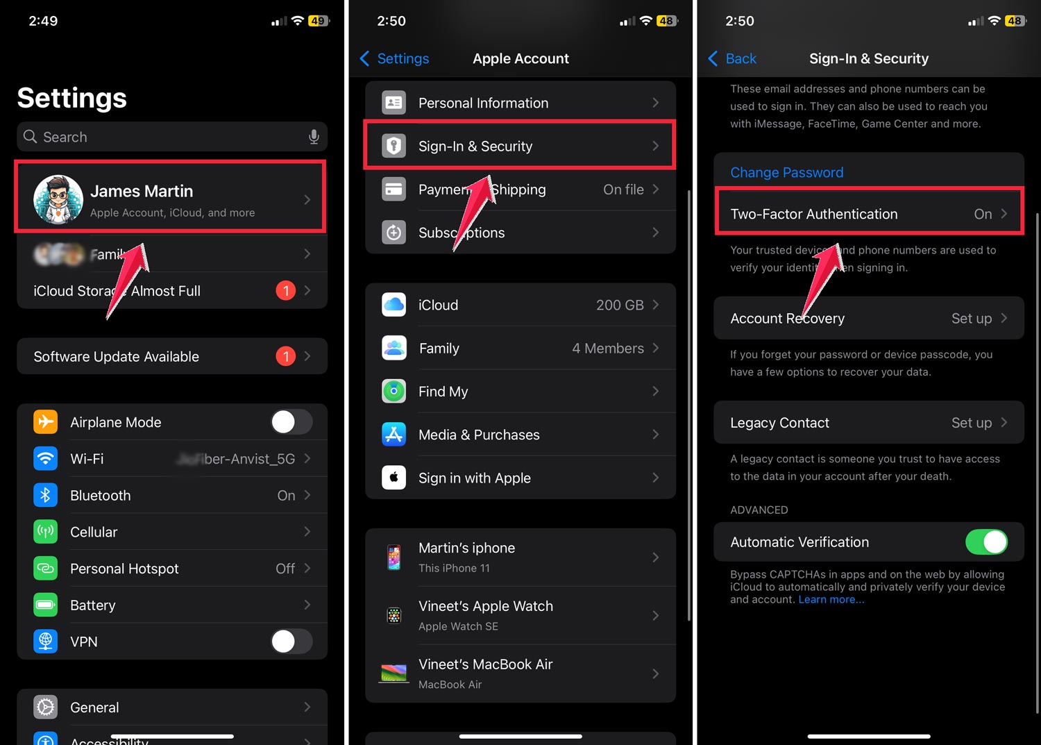 turn on two factor authentication iphone