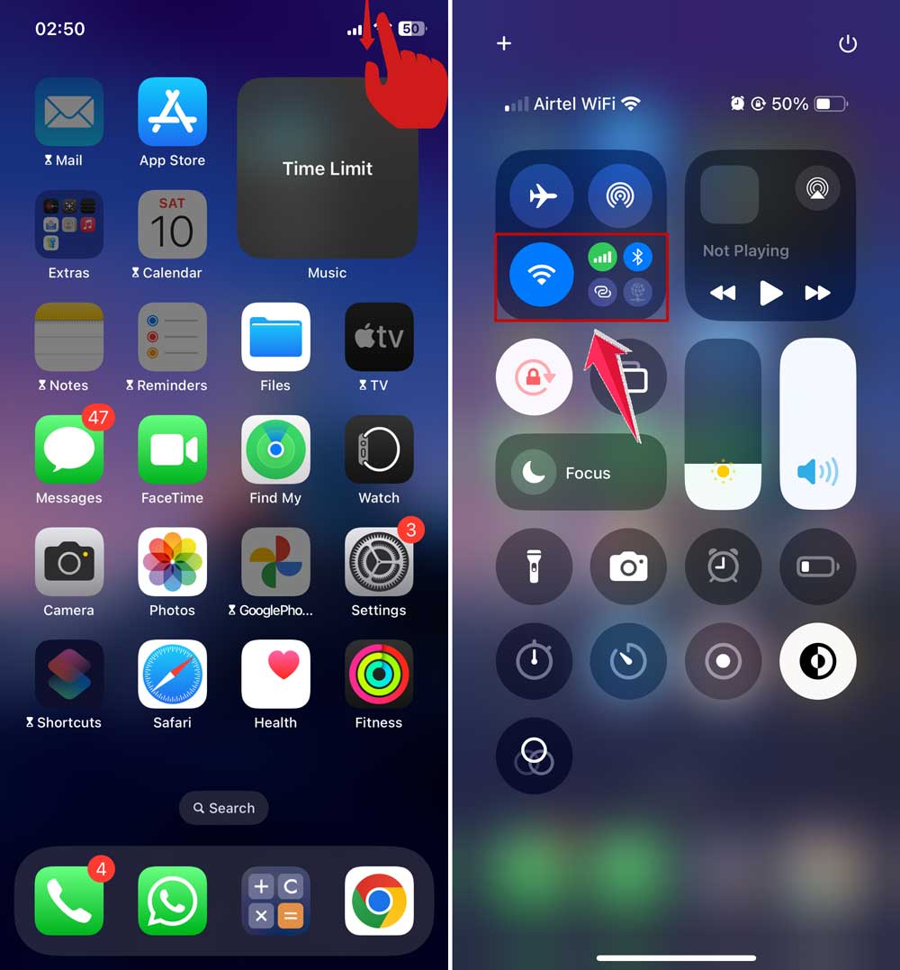 turn on wifi and bluetooth in qucik settings in iphone