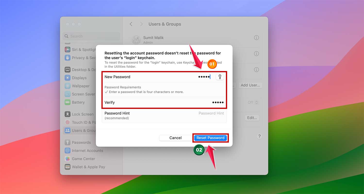 type password and then click on reset in profile settings in mac xl