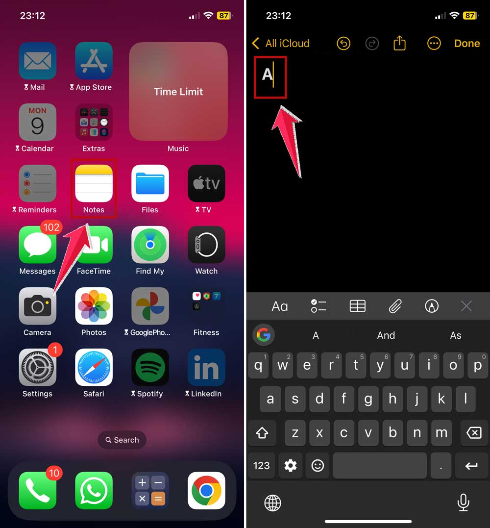 type single letter in notes app in iphone