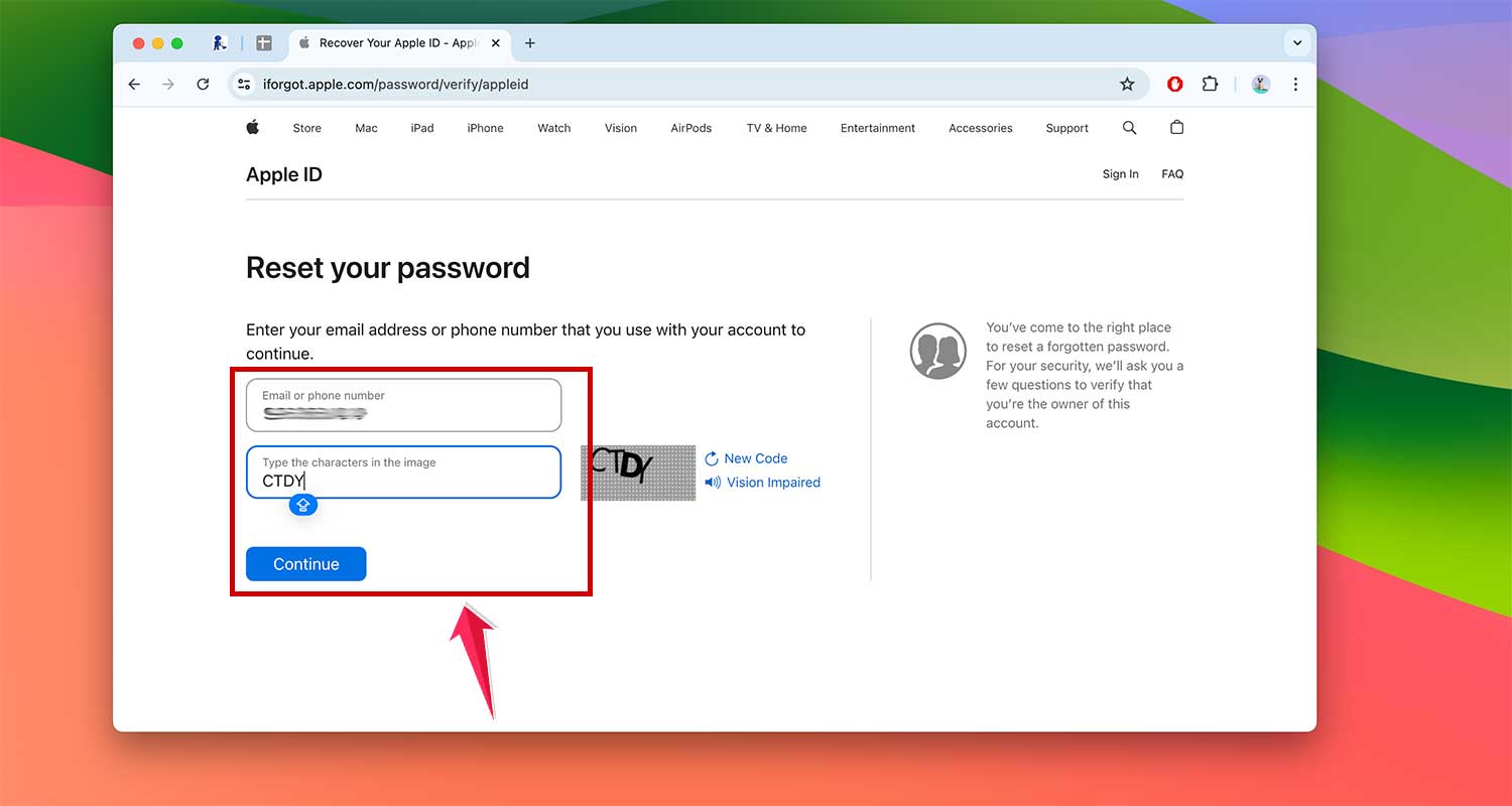 type your email id and tap continue to reset password in mac xl