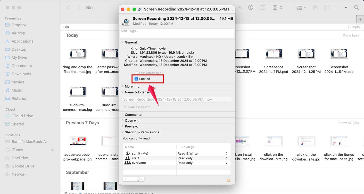 uncheck the locked box in bin in mac