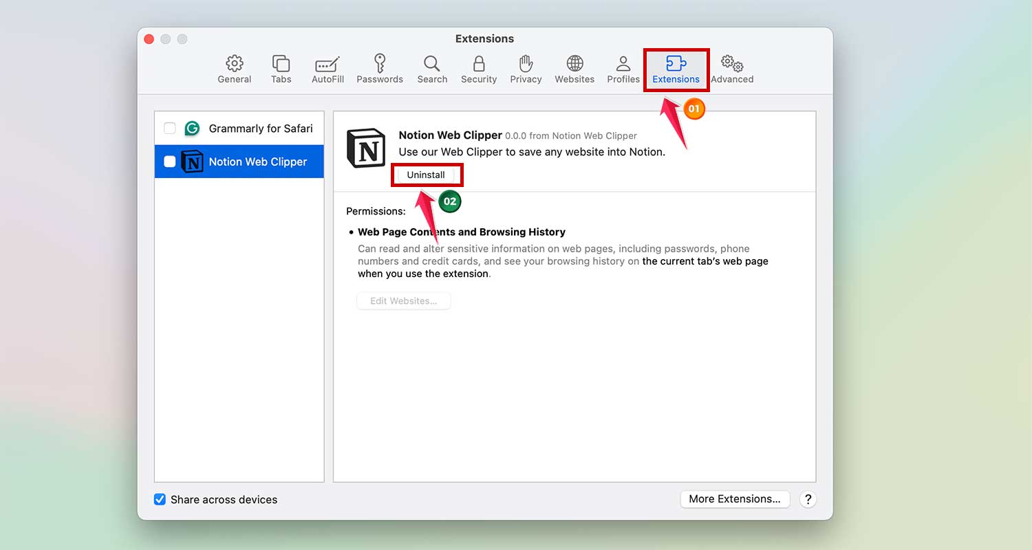 uninstall extension in safari mac xl